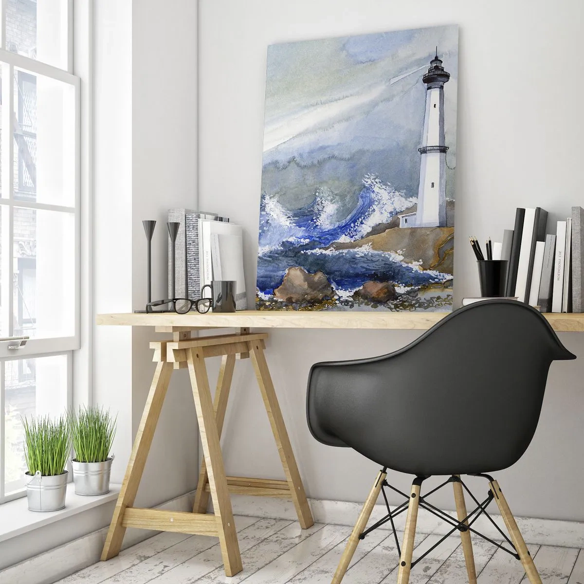 Impression sur verre - Image sur verre - Un phare sur un rivage rocheux avec une mer agitée - 80x120cm - Contre l'obscurité et la tempête - Décoration murale moderne pour le salon et la chambre ARTTOR
