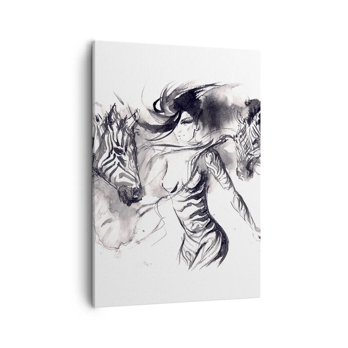 Impression sur toile - Image sur toile - Une femme dans une danse dynamique avec des zèbres dans une esthétique noir et blanc - 50x70cm - Danse avec les zèbres - Décoration murale moderne pour le salon et la chambre ARTTOR