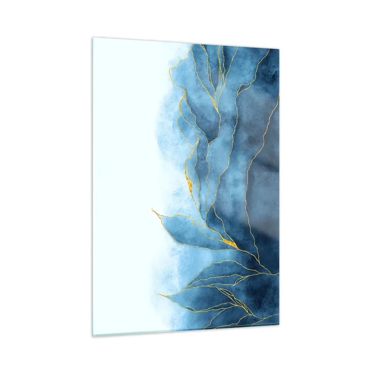 Impression sur verre - Image sur verre - Formes bleues abstraites avec de délicates lignes dorées. - 50x70cm - Bleu doré - Décoration murale moderne pour le salon et la chambre ARTTOR