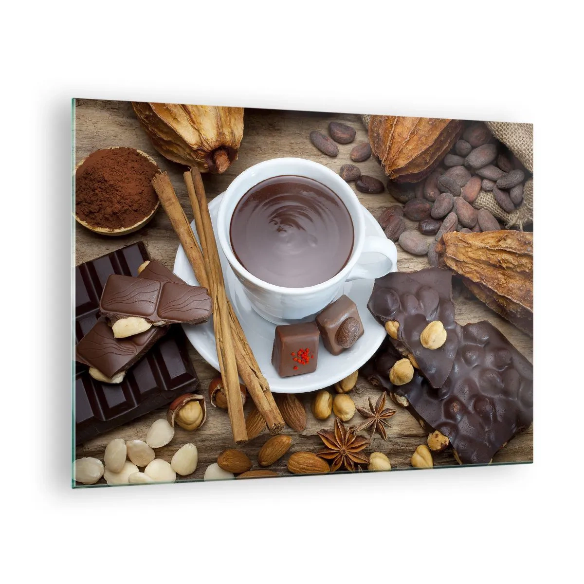 Impression sur verre - Image sur verre - Une tasse de chocolat chaud avec des garnitures sur un fond rustique - 70x50cm - D'une chocolaterie de conte de fées - Décoration murale moderne pour le salon et la chambre ARTTOR