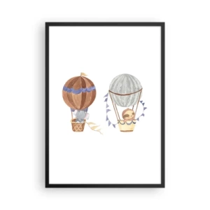 Affiche dans un cadre noir - Poster - Animaux mignons dans des ballons sur fond blanc dans un style aquarelle - 50x70cm - Compagnons de voyage - Décoration murale moderne pour le salon et la chambre ARTTOR