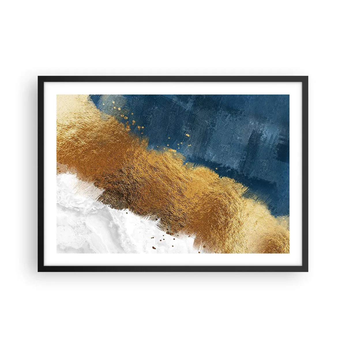 Affiche dans un cadre noir - Poster - Une composition abstraite dans des tons d'or, de bleu et de blanc. - 70x50cm - Les couleurs de l’été - Décoration murale moderne pour le salon et la chambre ARTTOR