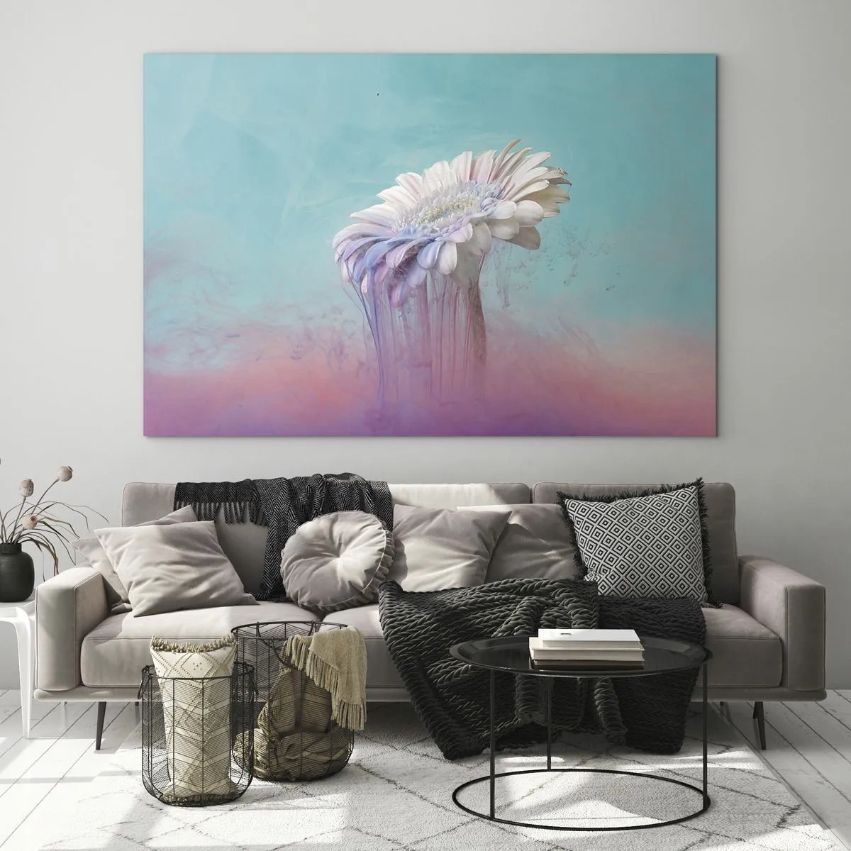 Impression sur verre - Image sur verre - Une fleur délicate plongée dans des tons pastel de bleu et de rose - 70x50cm - Le monde souterrain des fleurs - Décoration murale moderne pour le salon et la chambre ARTTOR