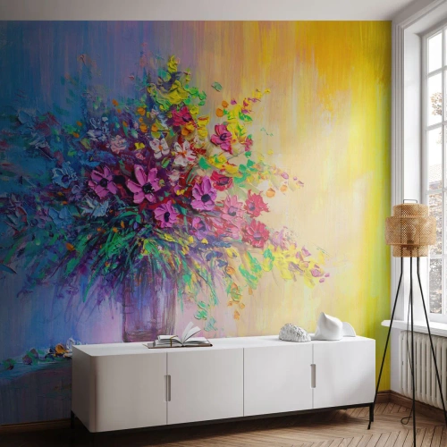 Papier Peint Photo Premium Canvas - Un bouquet de fleurs colorées dans un vase sur un fond dégradé - 100x70cm - Cadeau d'été de la prairie - Décoration murale moderne pour le salon et la chambre ARTTOR