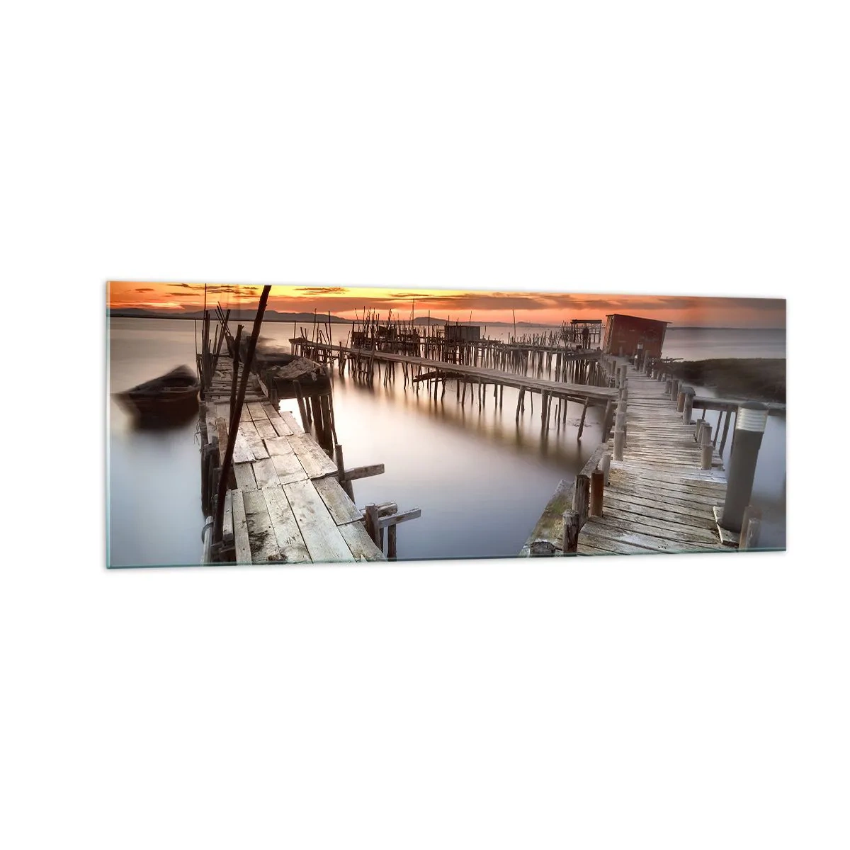 Impression sur verre - Image sur verre - Jetées en bois sur une eau calme au coucher du soleil - 140x50cm - Authentique, pas un attrape touristique - Décoration murale moderne pour le salon et la chambre ARTTOR
