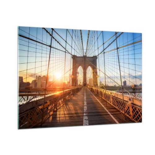 Impression sur verre - Image sur verre - Coucher de soleil sur le pont de Brooklyn à New York - 100x70cm - Sur le pont d'or - Décoration murale moderne pour le salon et la chambre ARTTOR