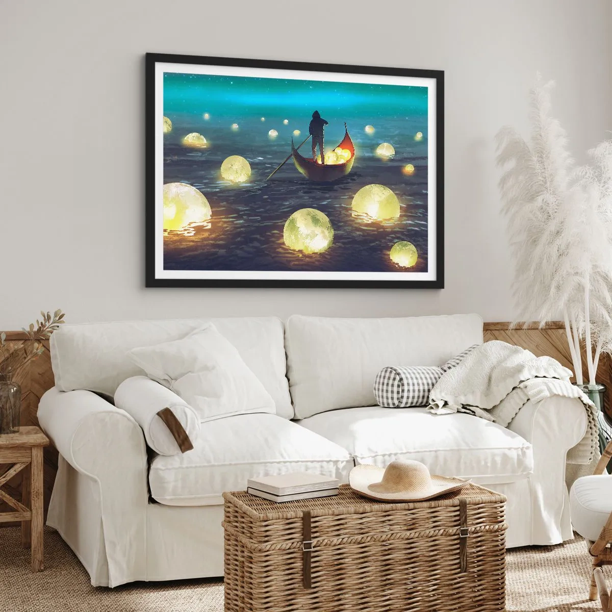 Affiche dans un cadre noir - Poster - Une silhouette dans un bateau entourée de boules lumineuses sur l'eau - 70x50cm - Des choses dont les philosophes n'ont jamais rêvé - Décoration murale moderne pour le salon et la chambre ARTTOR