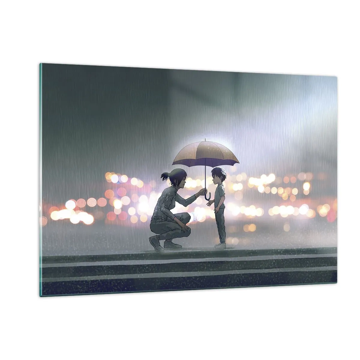 Impression sur verre - Image sur verre - Personnages sous la pluie avec des parapluies sur fond de lumières nocturnes - 120x80cm - Et maintenant, tout va bien - Décoration murale moderne pour le salon et la chambre ARTTOR