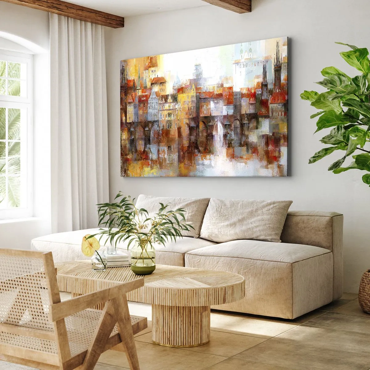 Impression sur toile - Image sur toile - Un panorama pittoresque de la ville avec un pont aux couleurs d'automne - 100x70cm - C'est aussi beau sous le pont - Décoration murale moderne pour le salon et la chambre ARTTOR