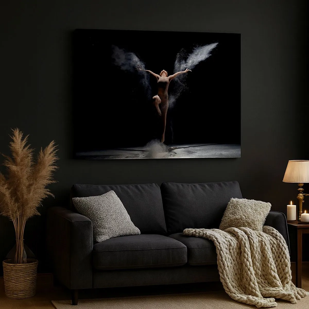 Impression sur toile - Image sur toile - Une danseuse en mouvement avec un effet de poussière saisissant sur fond noir - 70x50cm - Les elfes existent - Décoration murale moderne pour le salon et la chambre ARTTOR
