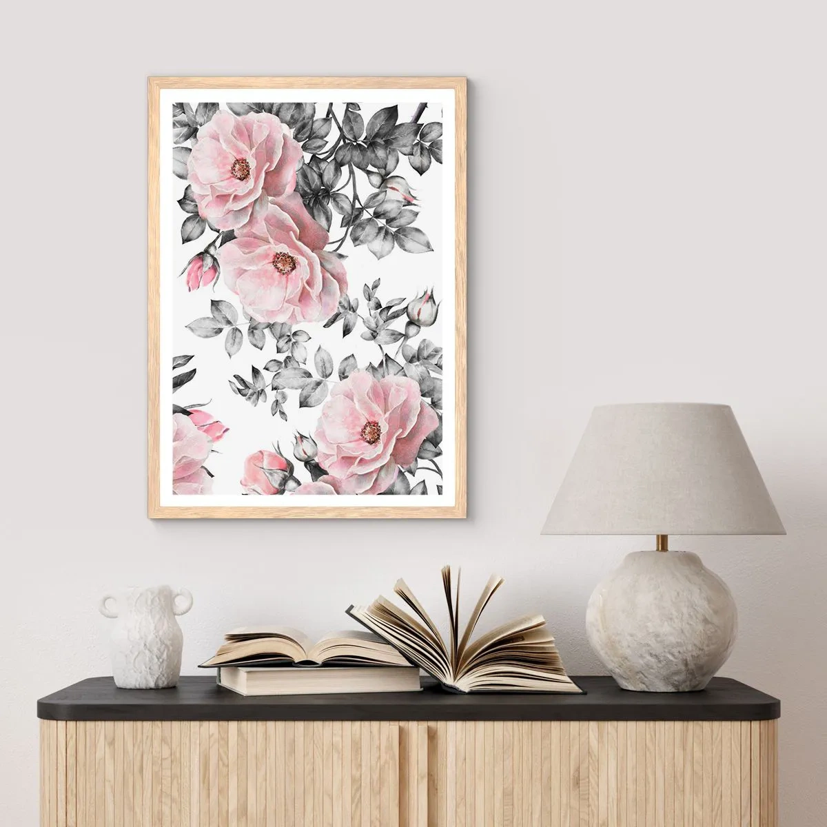 Affiche dans un chêne clair - Poster - Se perdre dans les fleurs des roses - 50x70 cm