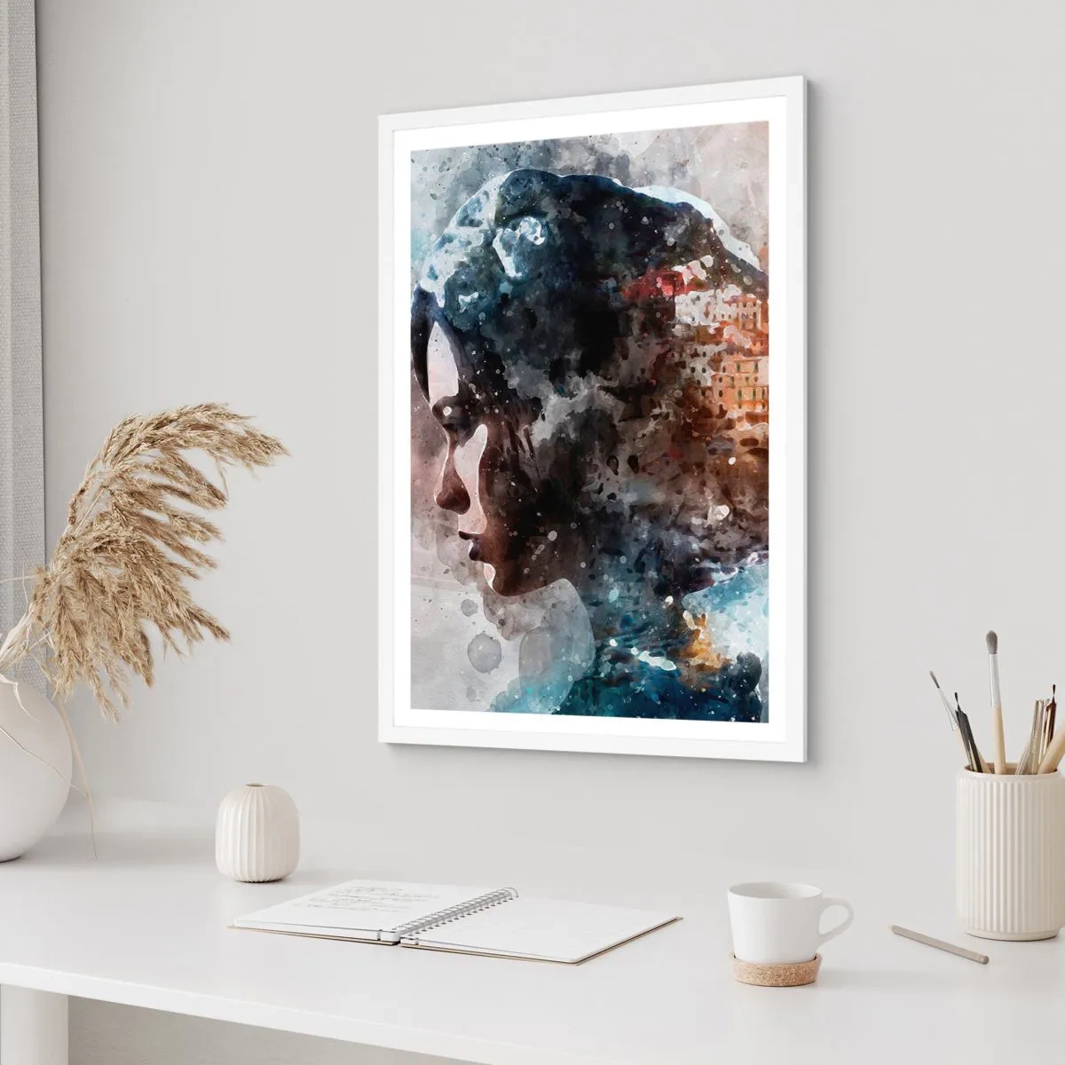 Affiche dans un cadre blanc - Poster - L'histoire d'une fille avec une ville en arrière-plan - 50x70 cm