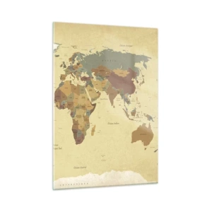 Impression sur verre - Image sur verre - Une carte du monde dans les tons beige et marron sur un fond vintage. - 50x70cm - Pour vous - le monde entier - Décoration murale moderne pour le salon et la chambre ARTTOR