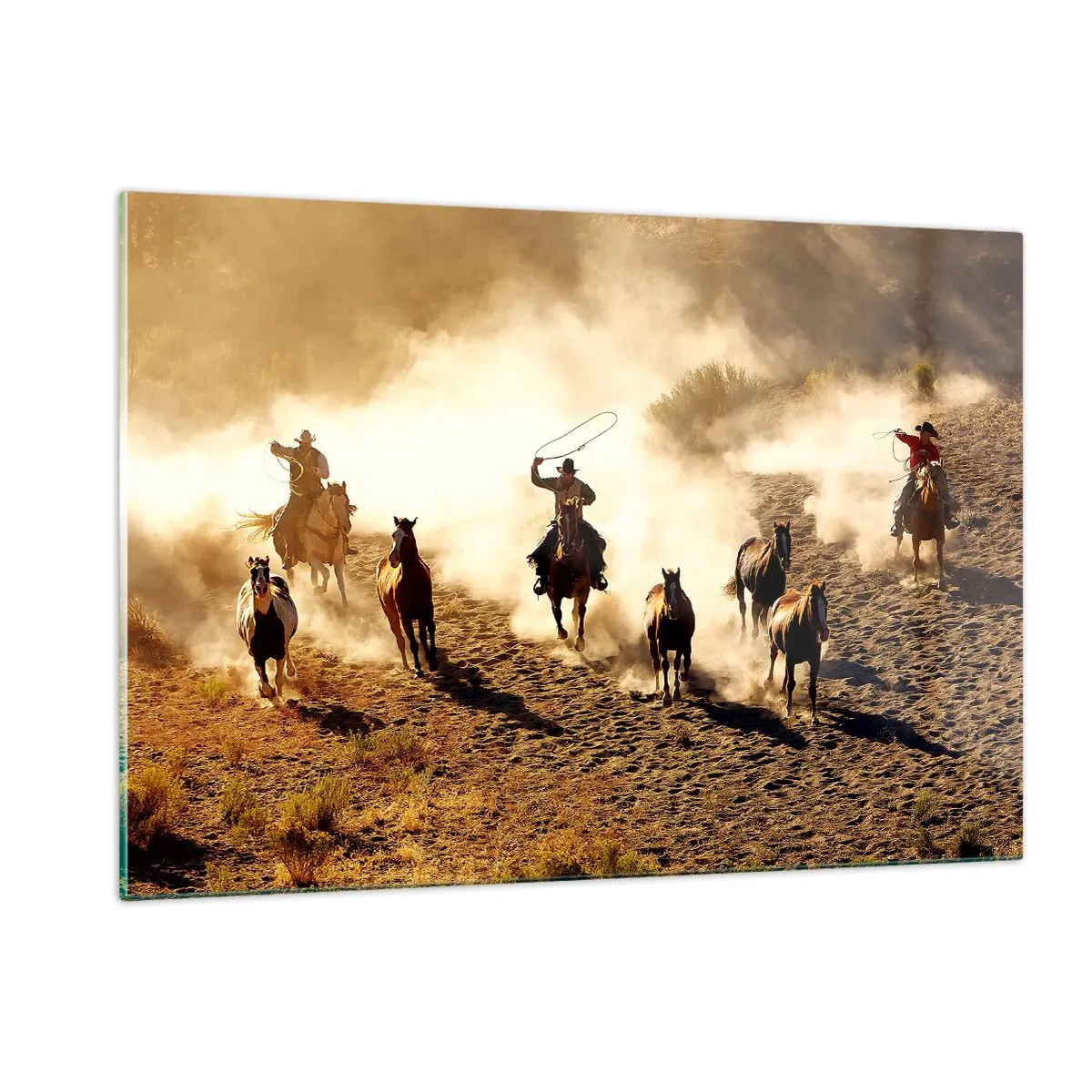 Impression sur verre - Image sur verre - Cowboys à cheval dans la poussière lors d'un rodéo - 120x80cm - L'ouest vraiment sauvage - Décoration murale moderne pour le salon et la chambre ARTTOR