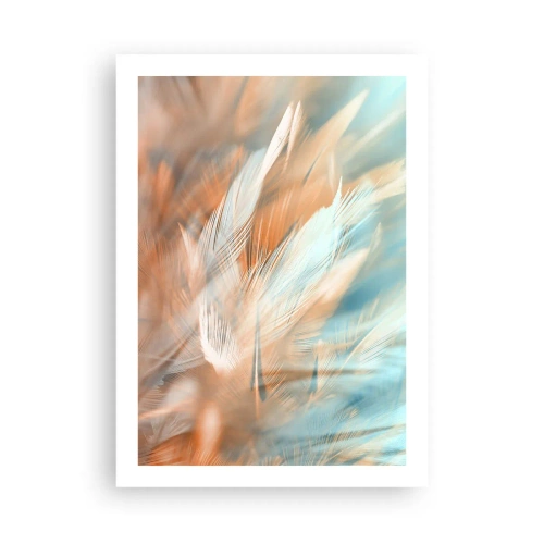 Affiche - Poster - Plumes délicates dans des tons de bleu et de pêche - 50x70cm - Au pays de la douceur - Décoration murale moderne pour le salon et la chambre ARTTOR