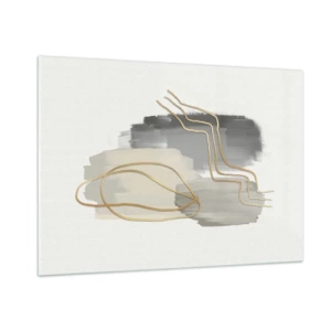 Impression sur verre - Image sur verre - Abstraction avec des taches grises et des lignes dorées sur un fond clair - 100x70cm - Durée et mouvement - Décoration murale moderne pour le salon et la chambre ARTTOR