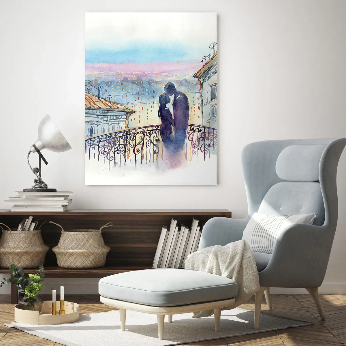 Impression sur verre - Image sur verre - Couple sur un balcon profitant d'un coucher de soleil romantique - 50x70cm - Amoureux de Paris - Décoration murale moderne pour le salon et la chambre ARTTOR