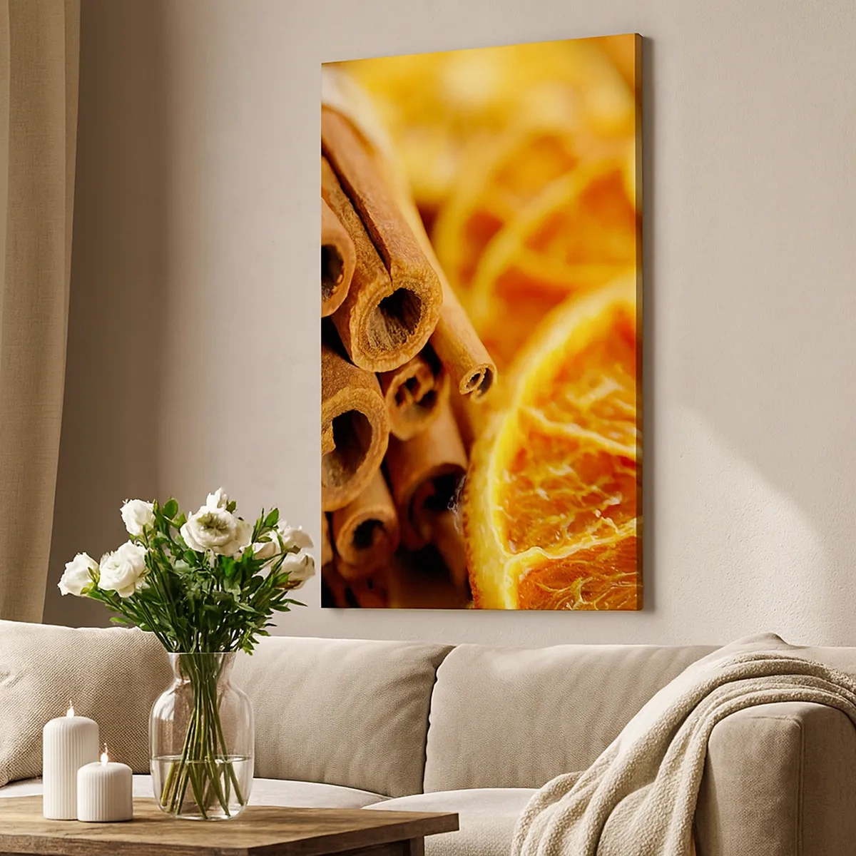 Impression sur toile - Image sur toile - Bâtons de cannelle avec des tranches d'orange séchées aux couleurs chaudes - 50x70cm - Sentez-vous leurs odeurs? - Décoration murale moderne pour le salon et la chambre ARTTOR