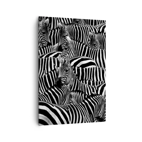 Impression sur toile - Image sur toile - Un groupe de zèbres avec des rayures noires et blanches créant un motif de symétrie. - 70x100cm - Portrait collectif à rayures - Décoration murale moderne pour le salon et la chambre ARTTOR