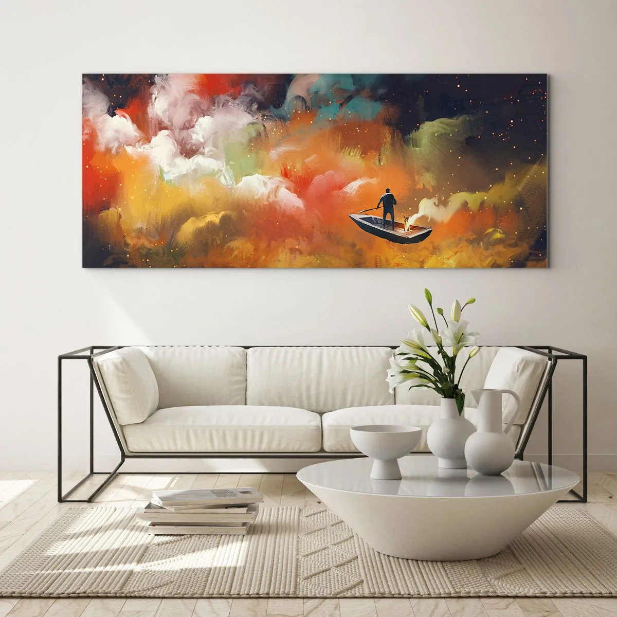 Impression sur verre - Image sur verre - Une silhouette dans un bateau sur un fond de nuages colorés - 160x50cm - En bateau à travers la galaxie - Décoration murale moderne pour le salon et la chambre ARTTOR