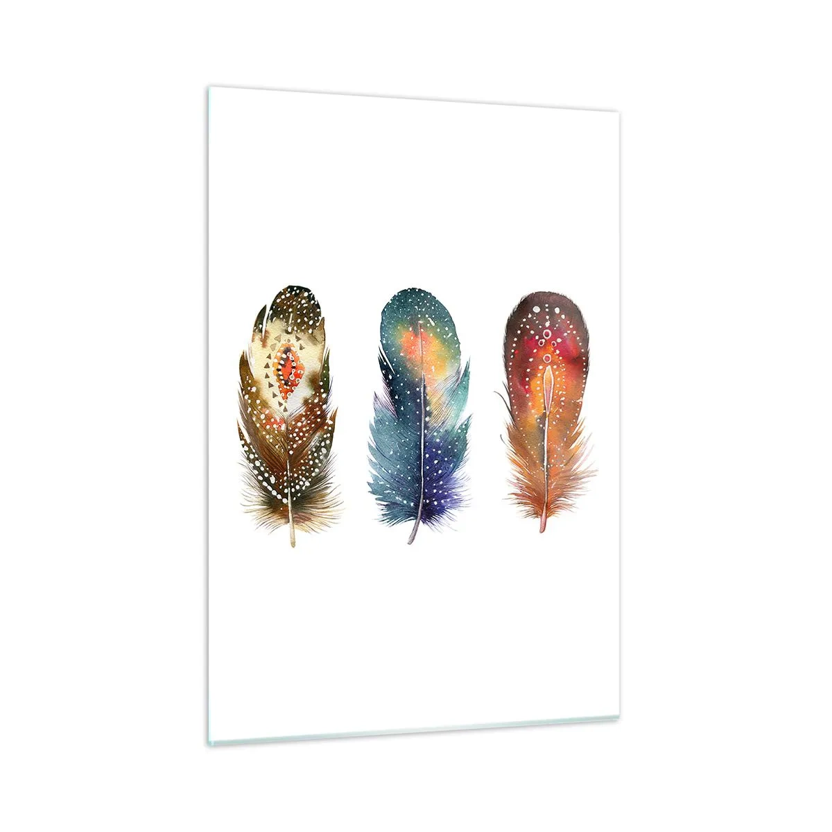Impression sur verre - Image sur verre - Trois plumes colorées aux motifs ethniques - 50x70cm - Rituels, cérémonies, secrets - Décoration murale moderne pour le salon et la chambre ARTTOR