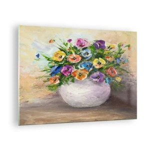 Impression sur verre - Image sur verre - Un bouquet de fleurs colorées dans un vase blanc - 70x50cm - Nature morte dans un vase blanc - Décoration murale moderne pour le salon et la chambre ARTTOR