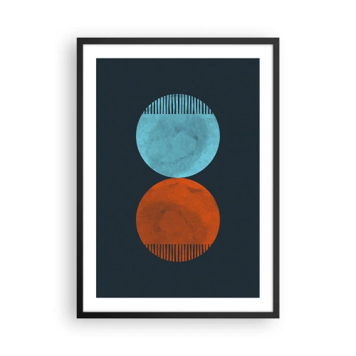 Affiche dans un cadre noir - Poster - Deux cercles – bleu et orange sur fond bleu marine - 50x70cm - Seulement la géométrie ? - Décoration murale moderne pour le salon et la chambre ARTTOR