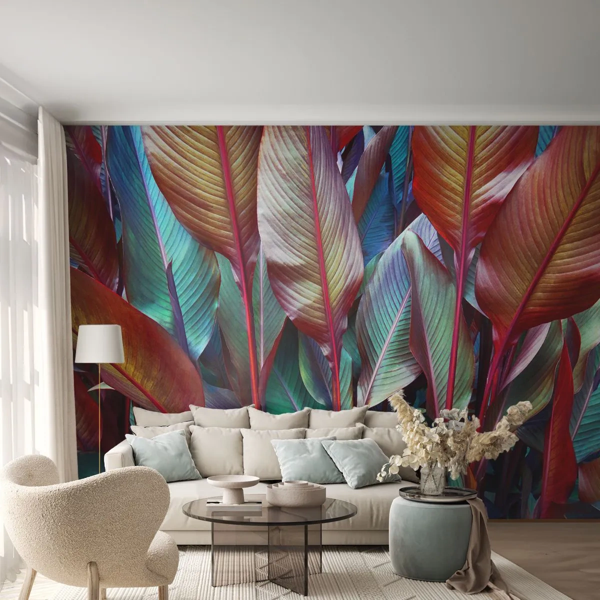 Papier Peint Photo Premium Sand - Feuilles multicolores en densité tropicale - 100x70cm - Un fourré coloré - Décoration murale moderne pour le salon et la chambre ARTTOR