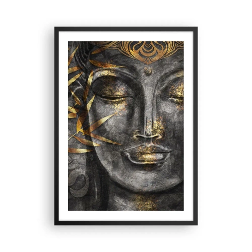 Affiche dans un cadre noir - Poster - Portrait de Bouddha avec une lueur dorée et des éléments de feuille de bambou - 50x70cm - Ressentir le calme - Décoration murale moderne pour le salon et la chambre ARTTOR