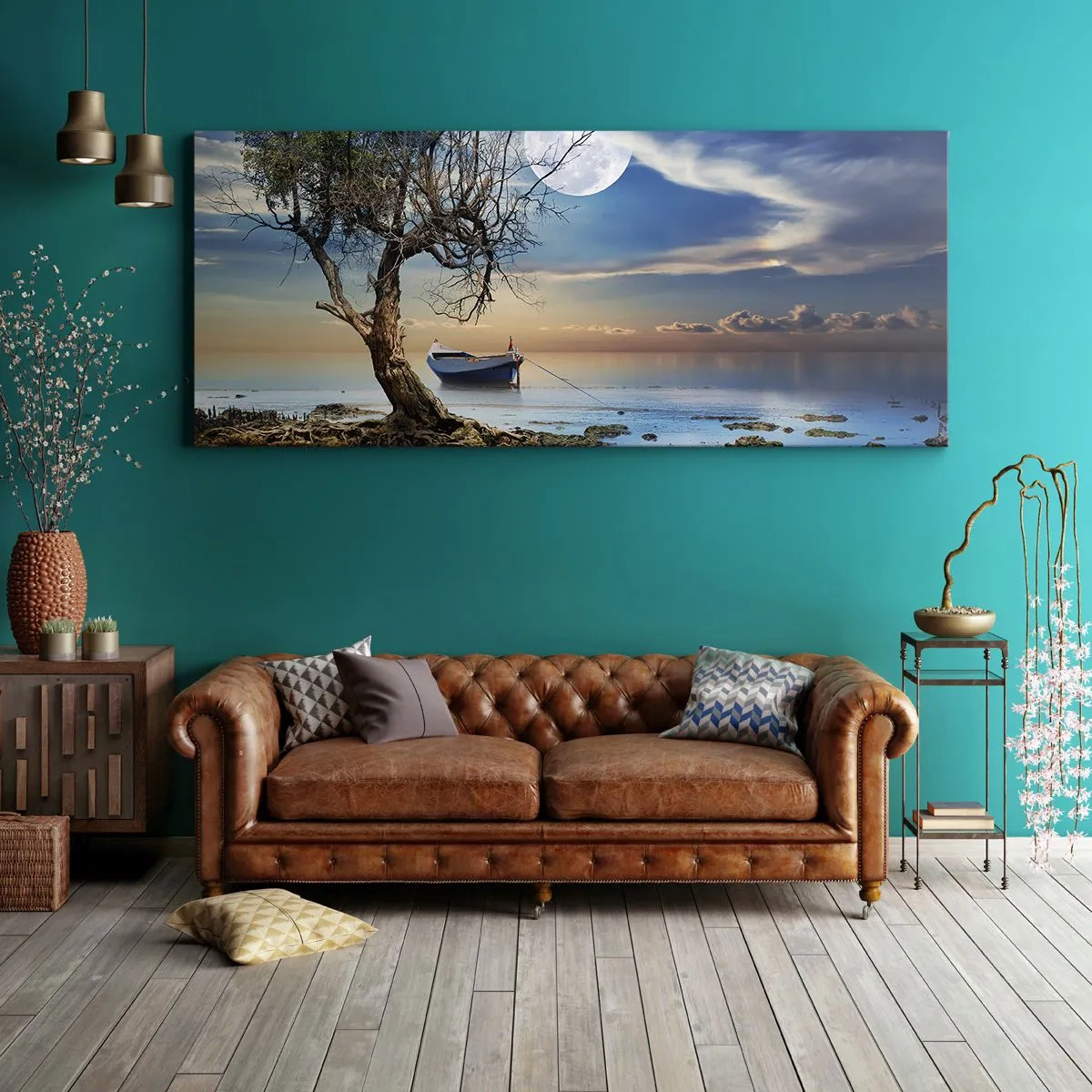 Impression sur toile - Image sur toile - Un arbre solitaire et un bateau sur une eau calme sous la pleine lune. - 120x50cm - Est-ce la fin ou le début ? - Décoration murale moderne pour le salon et la chambre ARTTOR