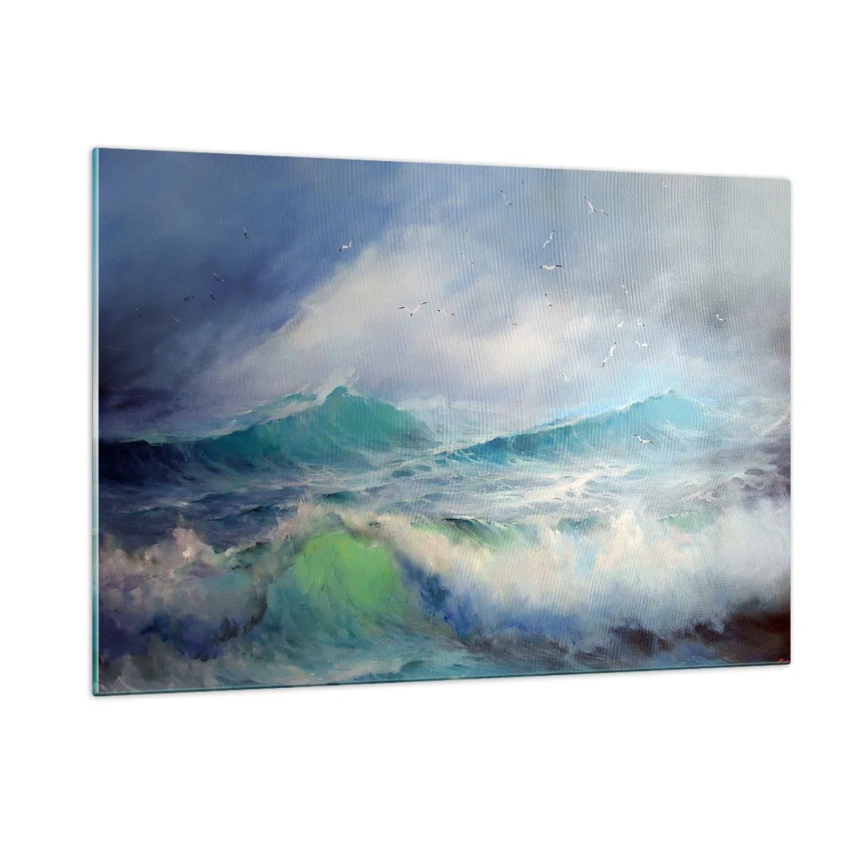 Impression sur verre - Image sur verre - Vagues océaniques agitées avec des oiseaux dans un ciel nuageux - 120x80cm - "Le tourbillon hurlait de triomphe..." - Décoration murale moderne pour le salon et la chambre ARTTOR