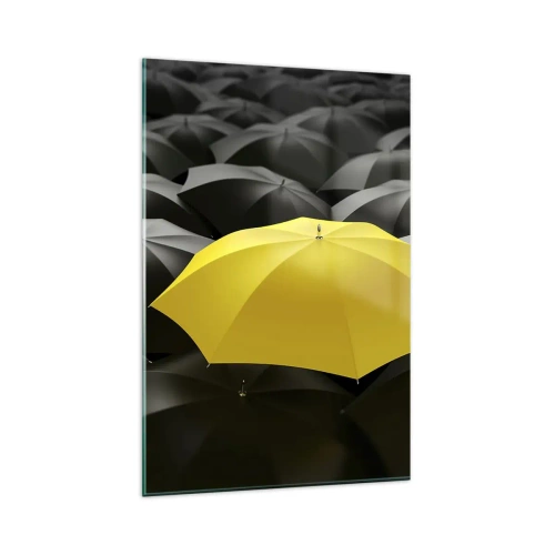 Impression sur verre - Image sur verre - Un parapluie jaune parmi des parapluies noirs - 80x120cm - Adieu chagrin - Décoration murale moderne pour le salon et la chambre ARTTOR