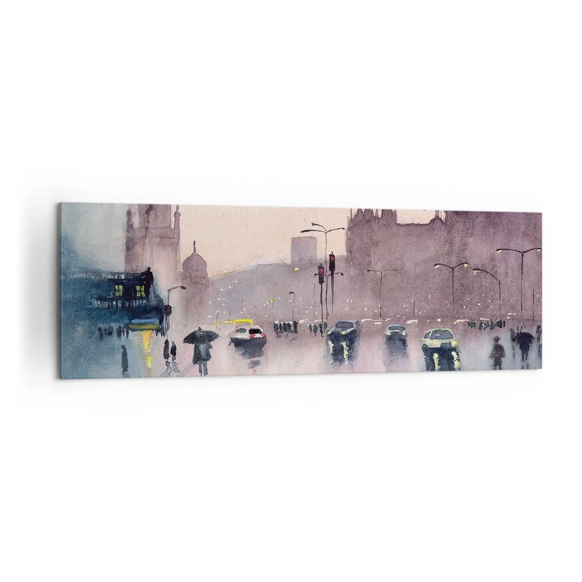 Impression sur toile - Image sur toile - Une rue de la ville au crépuscule dans un style aquarelle - 160x50cm - Dans une brume pluvieuse - Décoration murale moderne pour le salon et la chambre ARTTOR