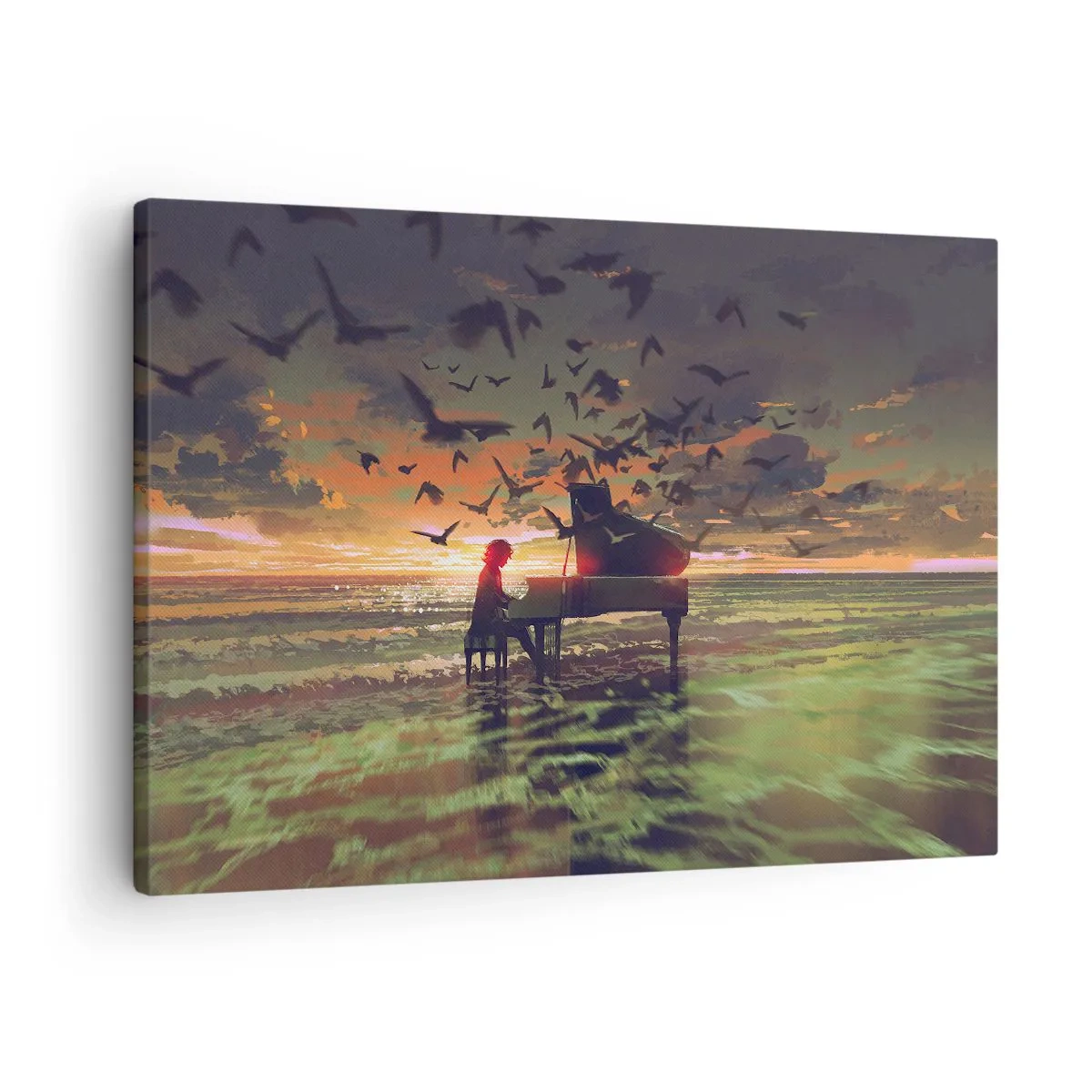 Impression sur toile - Image sur toile - Un piano au bord de la mer au coucher du soleil avec des oiseaux - 70x50cm - Concert pour piano et vagues - Décoration murale moderne pour le salon et la chambre ARTTOR