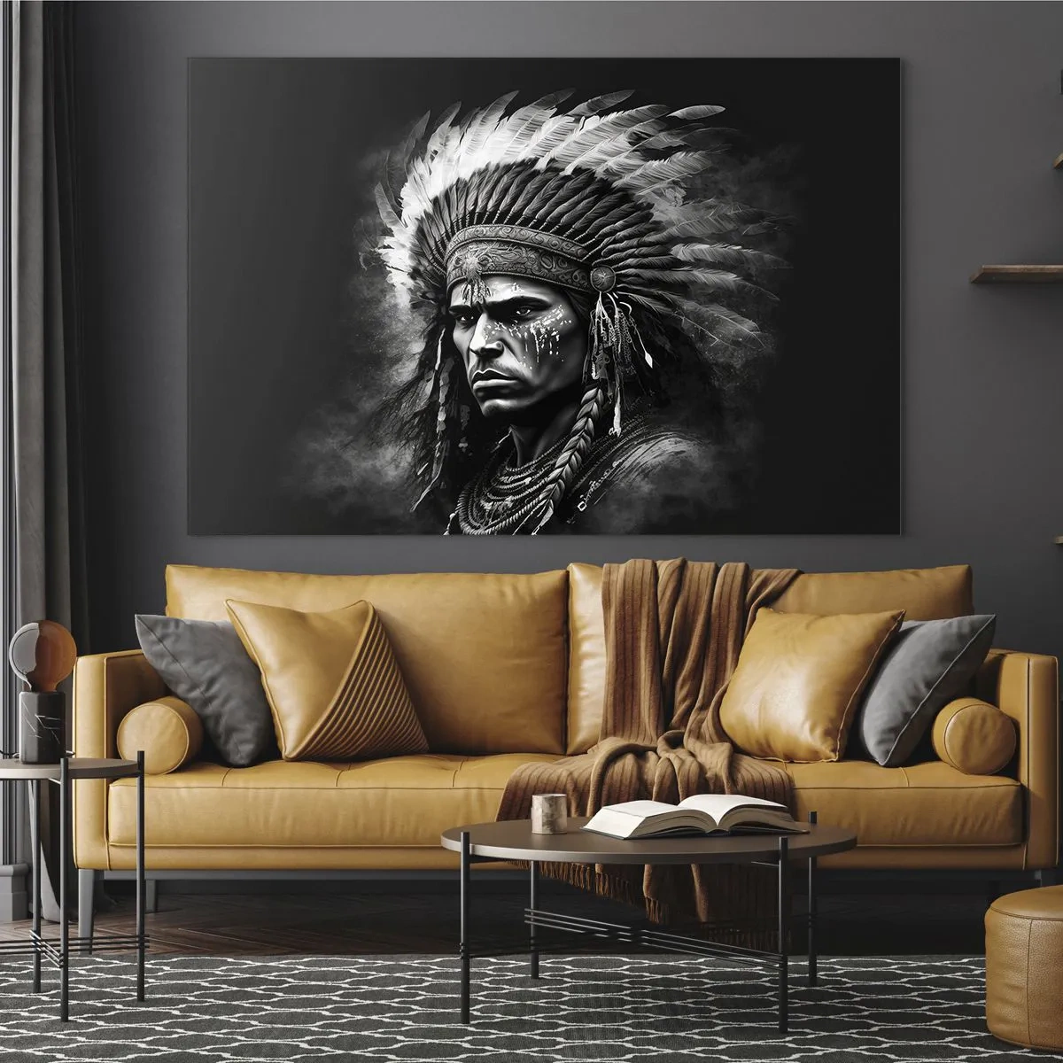 Impression sur verre - Image sur verre - Portrait en noir et blanc d'un guerrier avec une coiffe à plumes - 120x80cm - Un leader et un guerrier - Décoration murale moderne pour le salon et la chambre ARTTOR