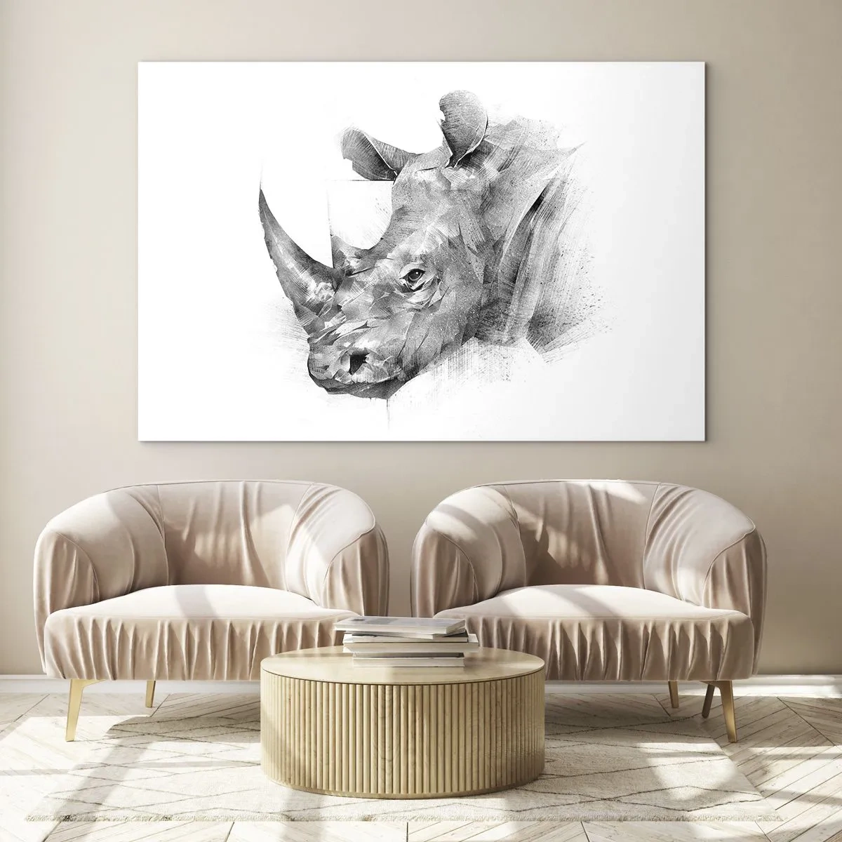 Impression sur verre - Image sur verre - Portrait noir et blanc d'un rhinocéros dans une démarche artistique - 70x50cm - Potrait africain - Décoration murale moderne pour le salon et la chambre ARTTOR