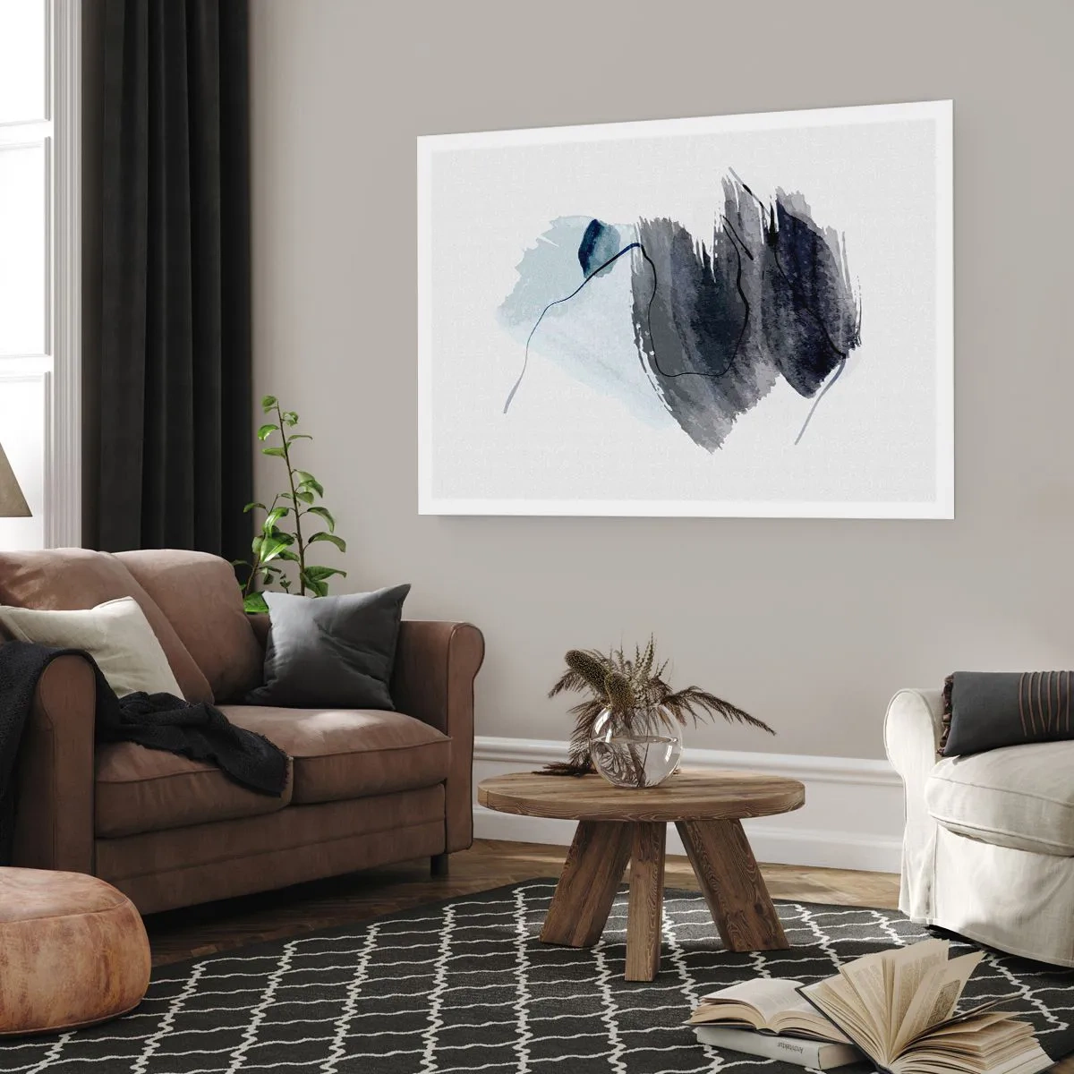 Affiche - Poster - Composition abstraite dans les tons de gris et de bleu - 100x70cm - Intensité et mouvement - Décoration murale moderne pour le salon et la chambre ARTTOR