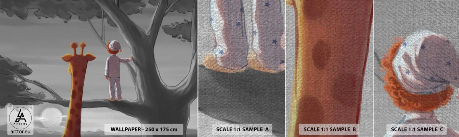 Échantillon de Papier Peint Premium Canvas - Cela arrive vraiment - Girafe, Enfants, Rêve - 100x30 cm