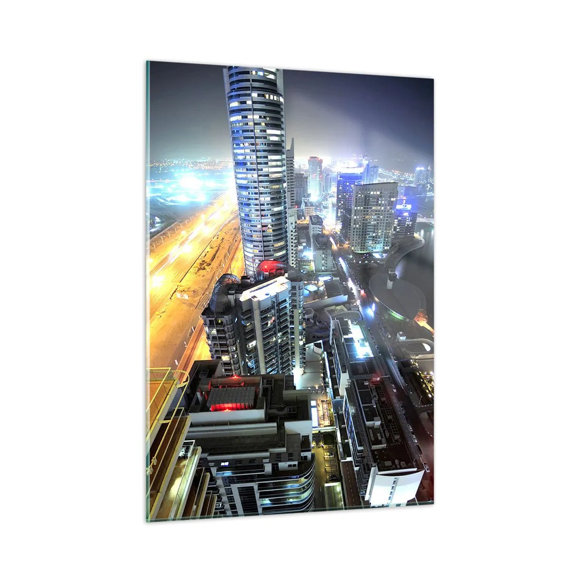 Impression sur verre - Image sur verre - Panorama de la ville nocturne avec des gratte-ciel illuminés - 50x70cm - Un miracle dans le désert - Décoration murale moderne pour le salon et la chambre ARTTOR