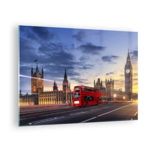 Impression sur verre - Image sur verre - Big Ben et le bus rouge à Londres au coucher du soleil - 70x50cm - Caractères spéciaux - Décoration murale moderne pour le salon et la chambre ARTTOR