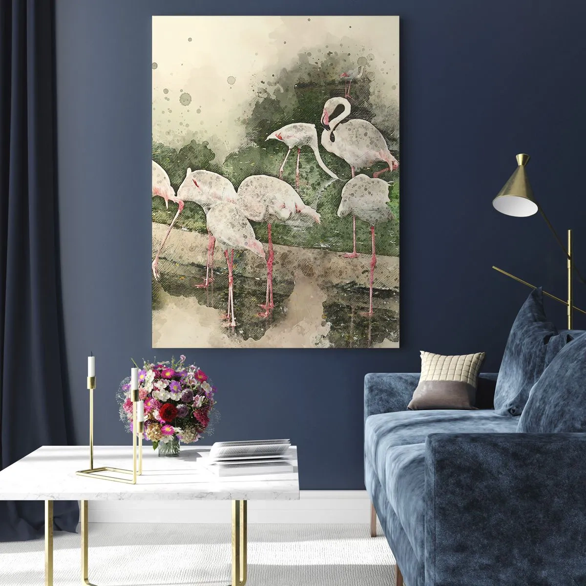 Impression sur verre - Image sur verre - Flamants roses dans leur environnement naturel dans un style aquarelle - 80x120cm - Rêve exotique - Décoration murale moderne pour le salon et la chambre ARTTOR