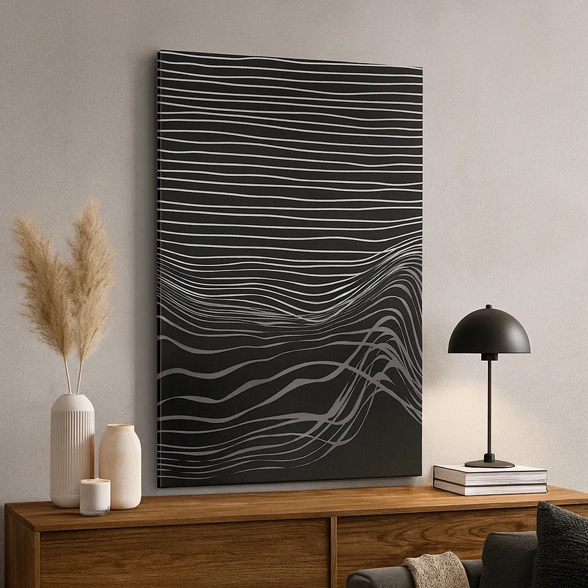Impression sur toile - Image sur toile - Lignes blanches sur fond gris foncé dans un arrangement abstrait - 50x70cm - Rythme et accent - Décoration murale moderne pour le salon et la chambre ARTTOR