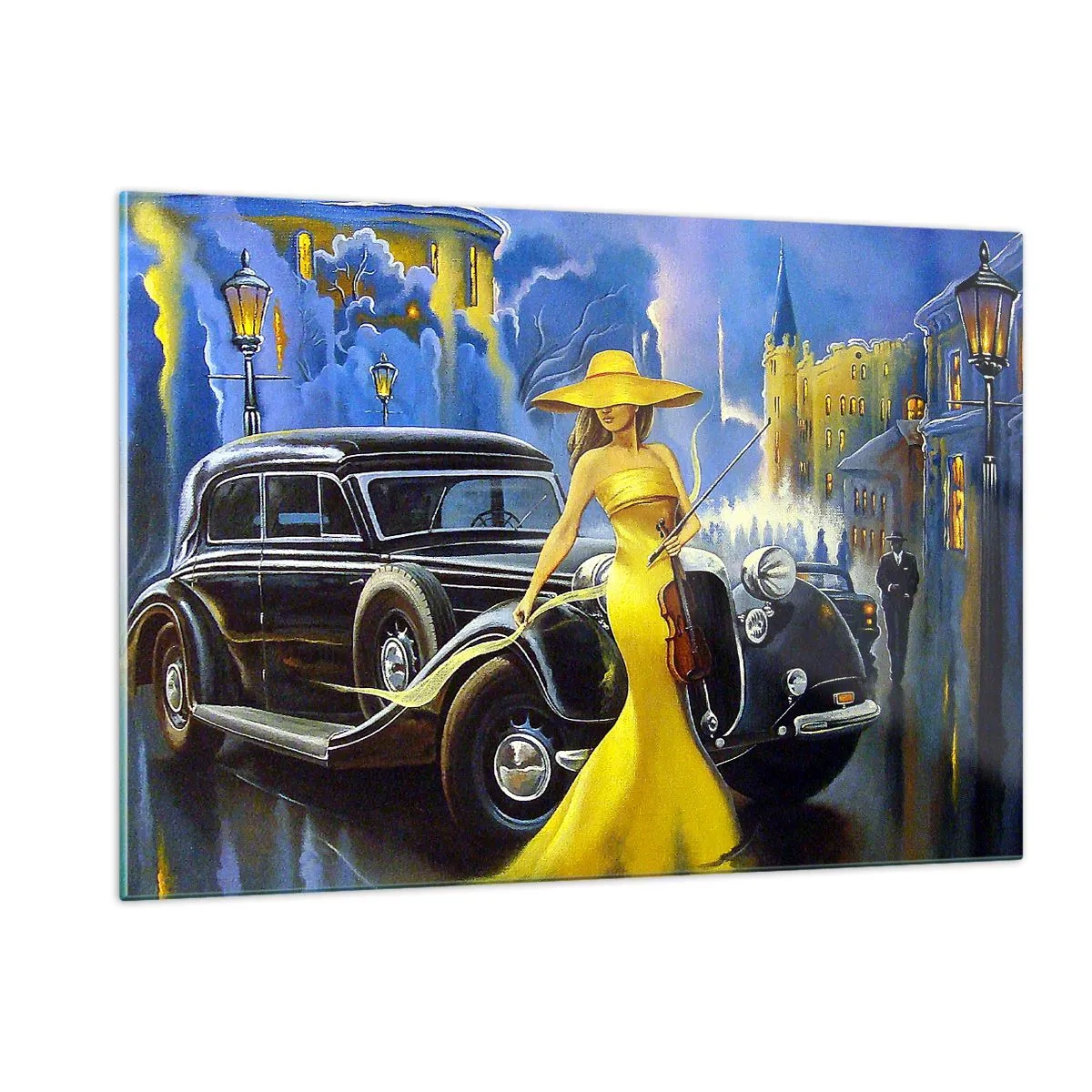 Impression sur verre - Image sur verre - Une femme en robe jaune à côté d'une voiture ancienne - 120x80cm - Nocturne pour violon et amour - Décoration murale moderne pour le salon et la chambre ARTTOR