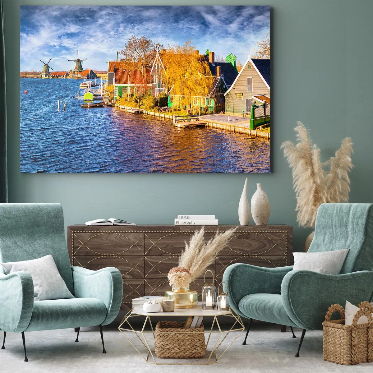 Impression sur toile - Image sur toile - Maisons pittoresques et moulins à vent au bord de l'eau - 100x70cm - C'est pareil depuis des lustres - Décoration murale moderne pour le salon et la chambre ARTTOR