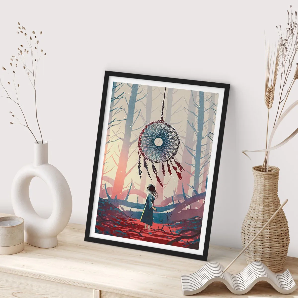 Affiche dans un cadre noir - Poster - Une figure dans la forêt avec un attrape-rêves sur un fond pastel. - 50x70cm - Rituel secret du bonheur - Décoration murale moderne pour le salon et la chambre ARTTOR