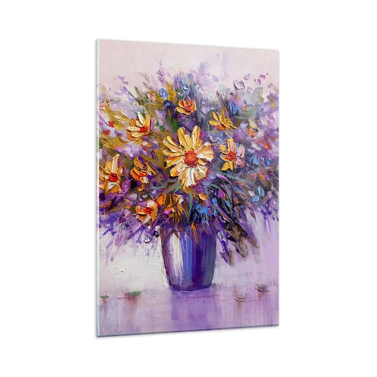 Impression sur verre - Image sur verre - Un bouquet de fleurs dans un vase sur fond pastel - 80x120cm - Ça sent bon, ça a l'air doux - Décoration murale moderne pour le salon et la chambre ARTTOR