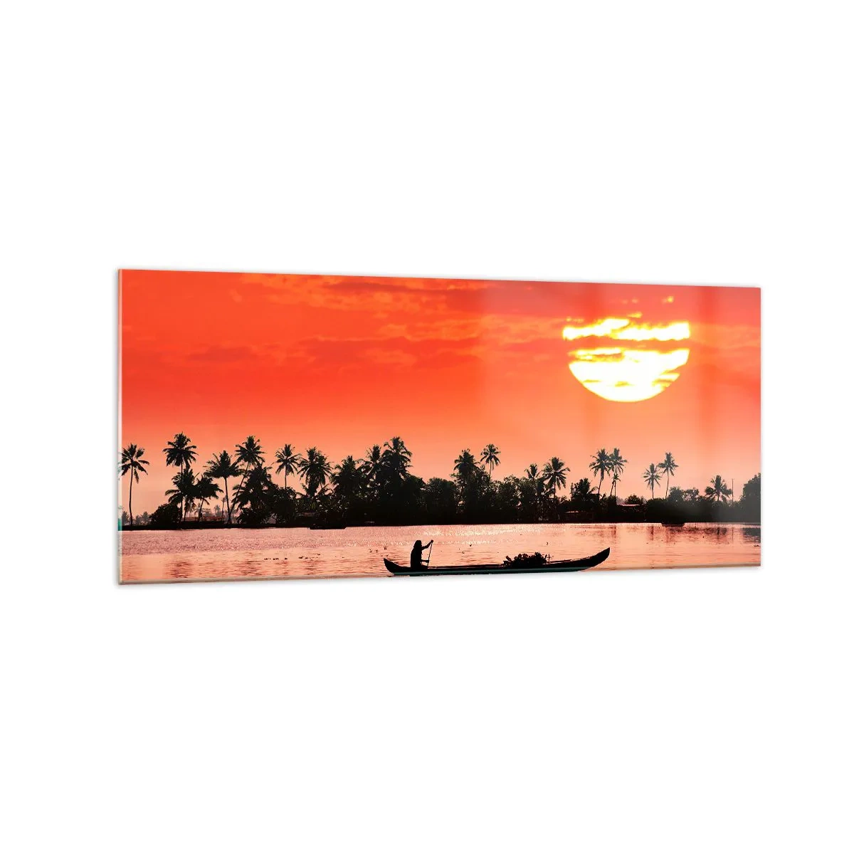 Impression sur verre - Image sur verre - Coucher de soleil tropical avec un bateau et des palmiers en arrière-plan - 120x50cm - La tranquillité des tropiques au coucher du soleil - Décoration murale moderne pour le salon et la chambre ARTTOR