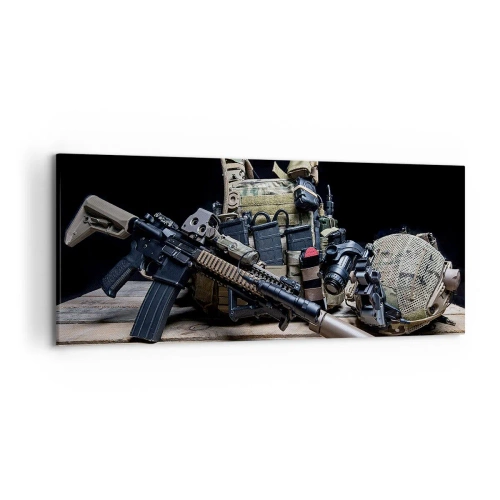 Impression sur toile - Image sur toile - Équipement tactique avec un fusil sur une table en bois - 120x50cm - Se reposer! - Décoration murale moderne pour le salon et la chambre ARTTOR
