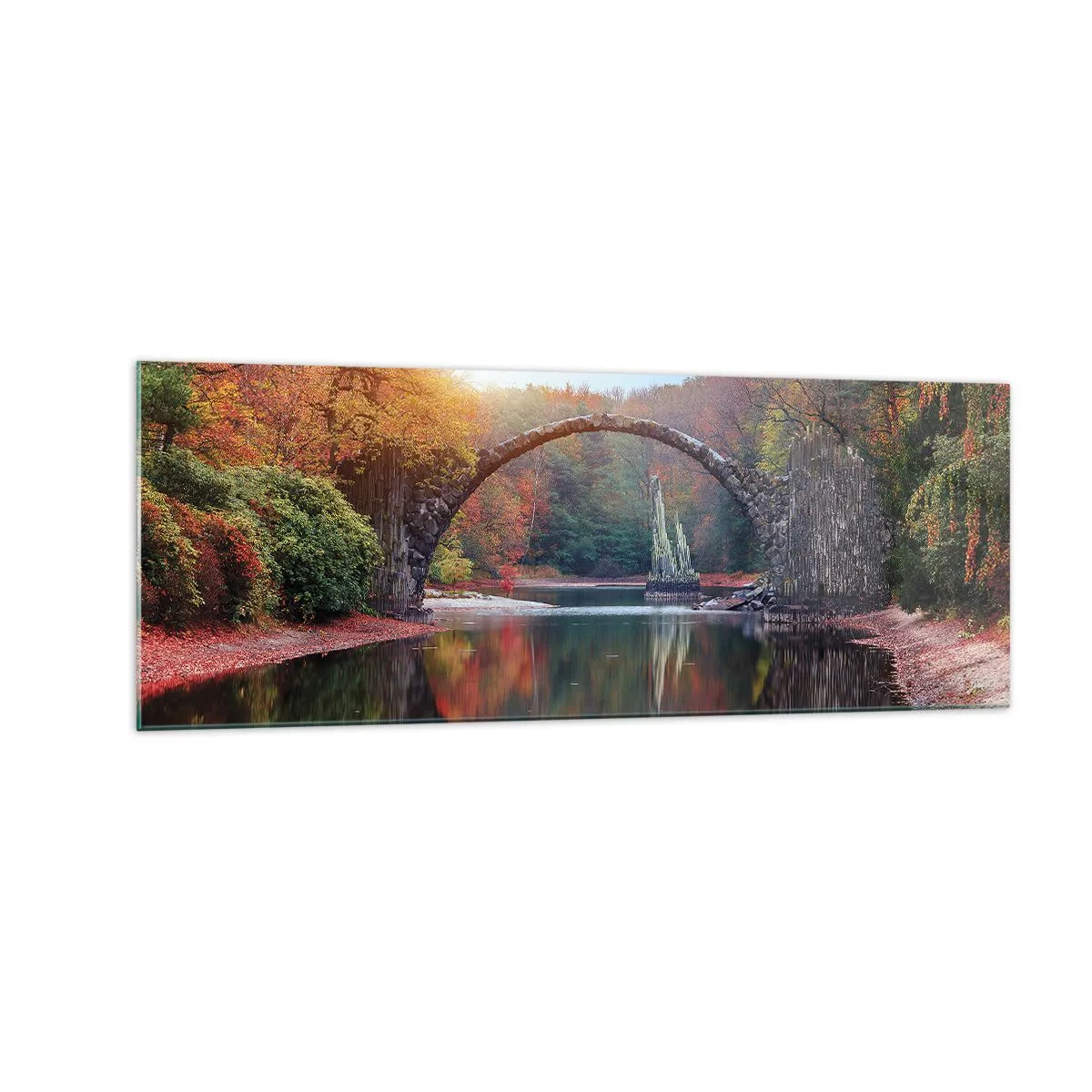 Impression sur verre - Image sur verre - Un pont de pierre dans un paysage d'automne sur une eau calme - 140x50cm - De l'autre cote du miroir - Décoration murale moderne pour le salon et la chambre ARTTOR