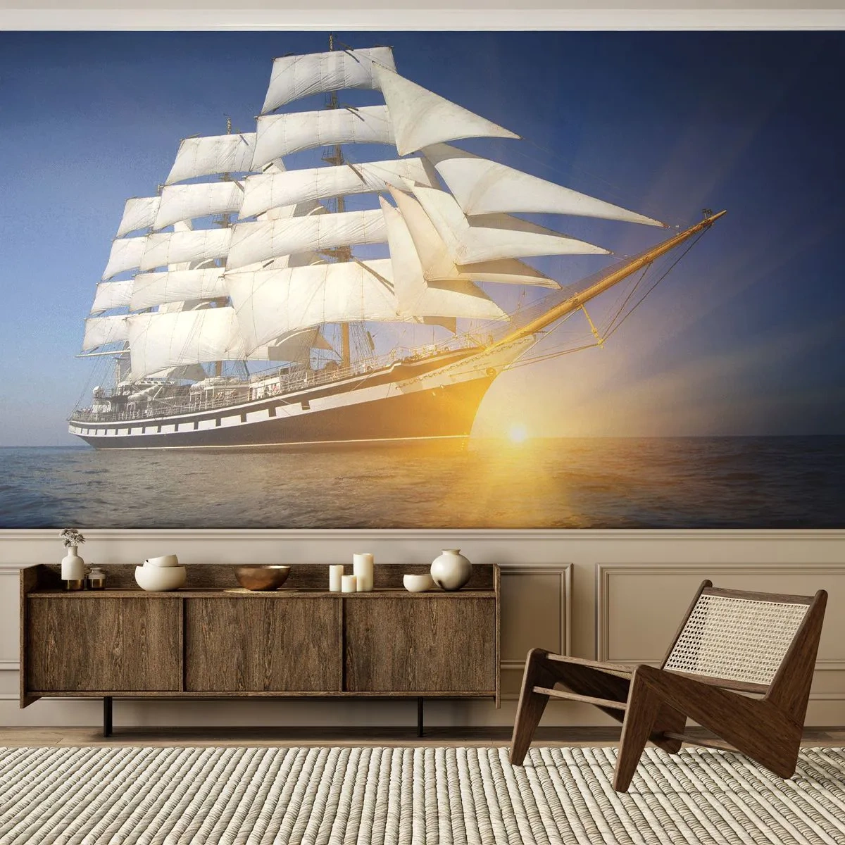 Papier Peint Photo Premium Sand - Un voilier au coucher du soleil sur une mer calme - 100x70cm - Leur temps ne passera jamais - Décoration murale moderne pour le salon et la chambre ARTTOR